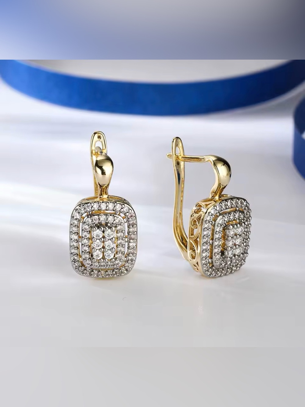 Classic Gold and Diamond Square Drop Earrings - White and Gold